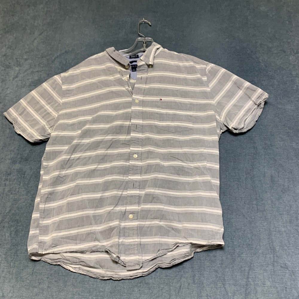 Tommy Hilfiger Classic Fit Shirt Men Large Gray White Striped Casual Button Down